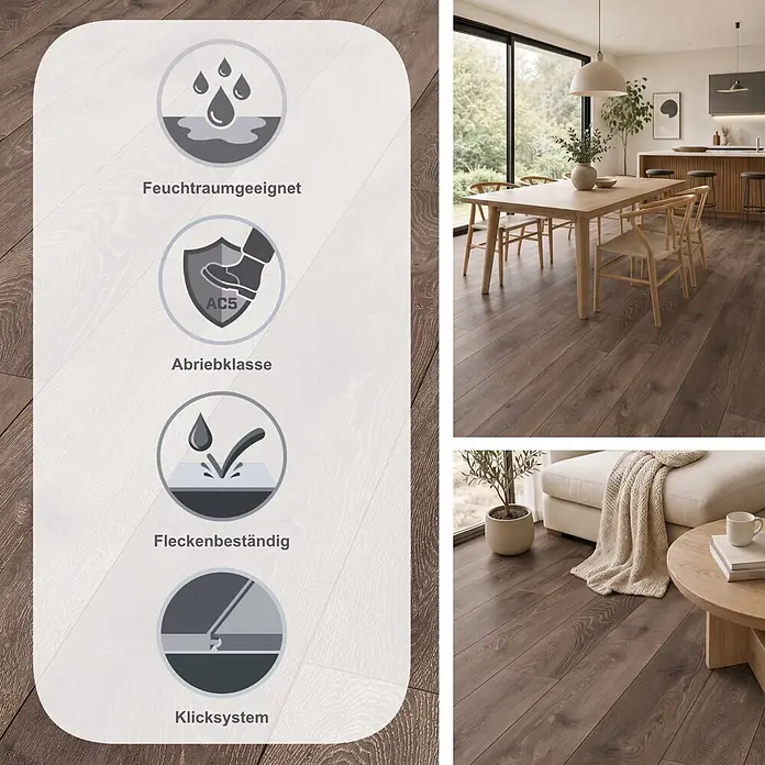 LOGOCLIC Aquaprotect Laminat - Night Oak, Landhausdiele, 1.288 x 195 x 8 mm - Dunkelbrauner Holzboden mit Symbolen für Feuchtraumeignung, Abriebklasse AC5, Allergikerfreundlichkeit und Fleckenbeständigkeit, in modernem Zuhause.