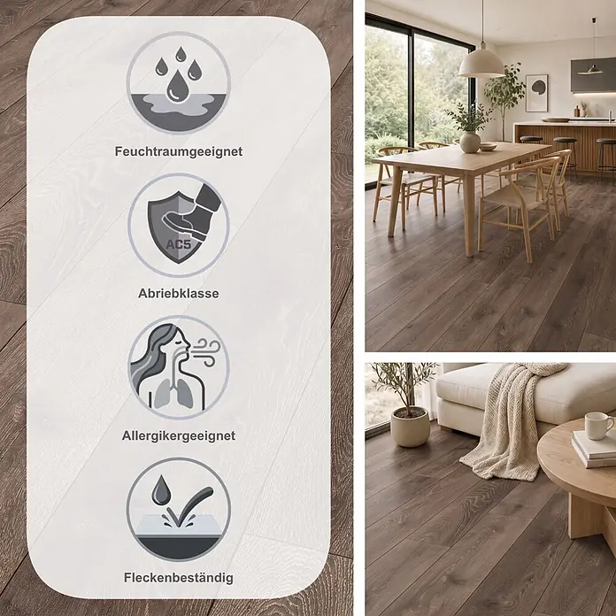 LOGOCLIC Aquaprotect Laminat - Night Oak, Landhausdiele, 1.288 x 195 x 8 mm - Dunkelbrauner Holzboden mit Symbolen für Feuchtraumeignung, Abriebklasse AC5, Allergikerfreundlichkeit und Fleckenbeständigkeit, in modernem Zuhause.