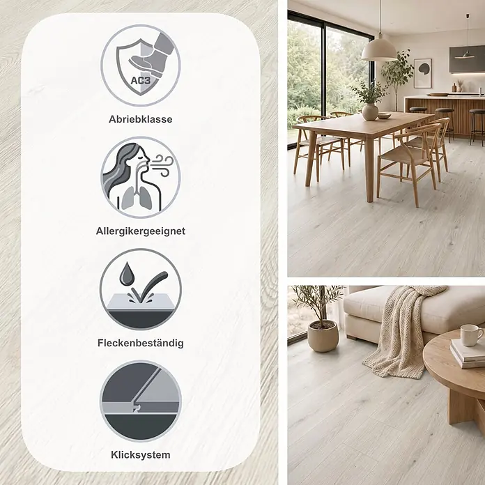 LOGOCLIC Family Laminat - Vichy, Landhausdiele, 1.288 x 195 x 7 mm - Heller Laminatboden in Holzoptik im modernen Zuhause, mit Symbolen für AC3, Allergikerfreundlichkeit, Fleckenbeständigkeit und Klicksystem.