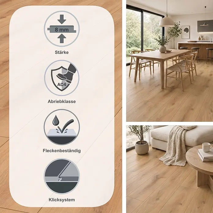 LOGOCLIC Edition Laminat Vinto - Sunshine Oak, Landhausdiele, 1.288 x 245 x 8 mm - Holzoptik-Boden (8mm, AC4, allergikerfreundlich, fleckenbeständig) in modernem Zuhause.
