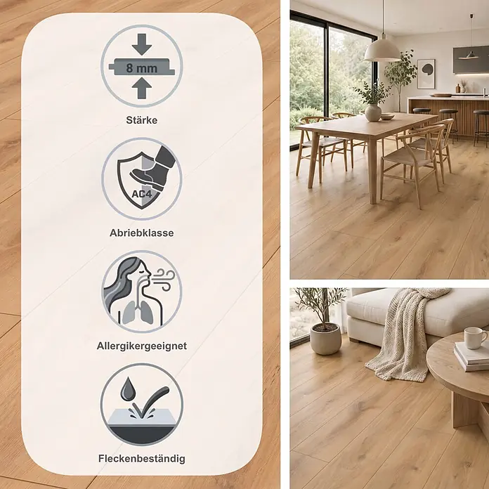 LOGOCLIC Edition Laminat Vinto - Sunshine Oak, Landhausdiele, 1.288 x 245 x 8 mm - Holzoptik-Boden (8mm, AC4, allergikerfreundlich, fleckenbeständig) in modernem Zuhause.