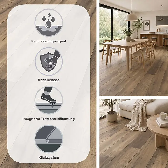 Krono Original Laminat Comfort Silent Cork - Wild West Oak, Landhausdiele, 1.288 x 195 x 8 mm - Holzoptikboden in modernem Zuhause, mit Symbolen für Feuchtraumeignung, Abriebklasse AC5, Allergikerfreundlichkeit und antibakterielle Eigenschaften.