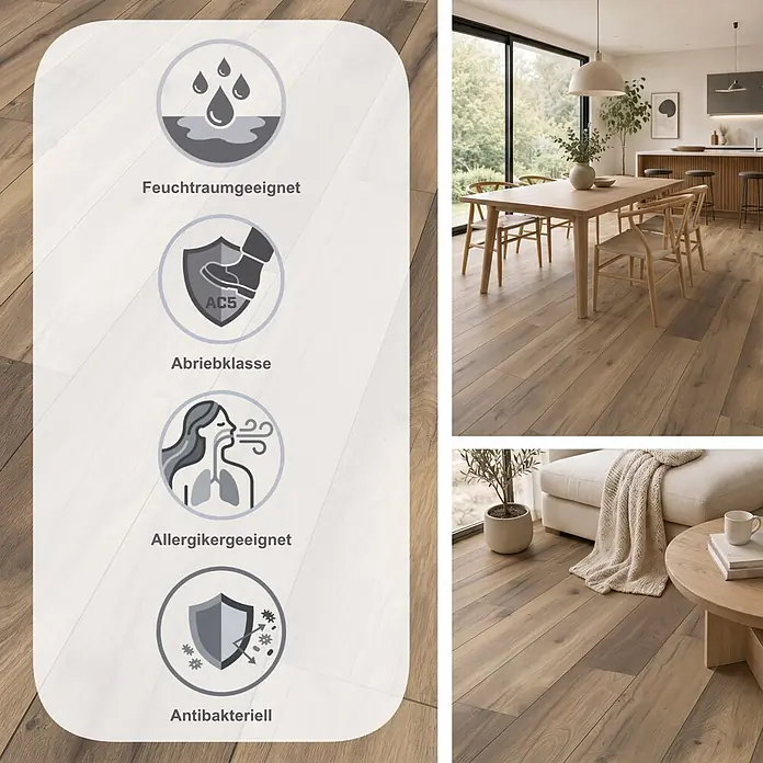 Krono Original Laminat Comfort Silent Cork - Wild West Oak, Landhausdiele, 1.288 x 195 x 8 mm - Holzoptikboden in modernem Zuhause, mit Symbolen für Feuchtraumeignung, Abriebklasse AC5, Allergikerfreundlichkeit und antibakterielle Eigenschaften.