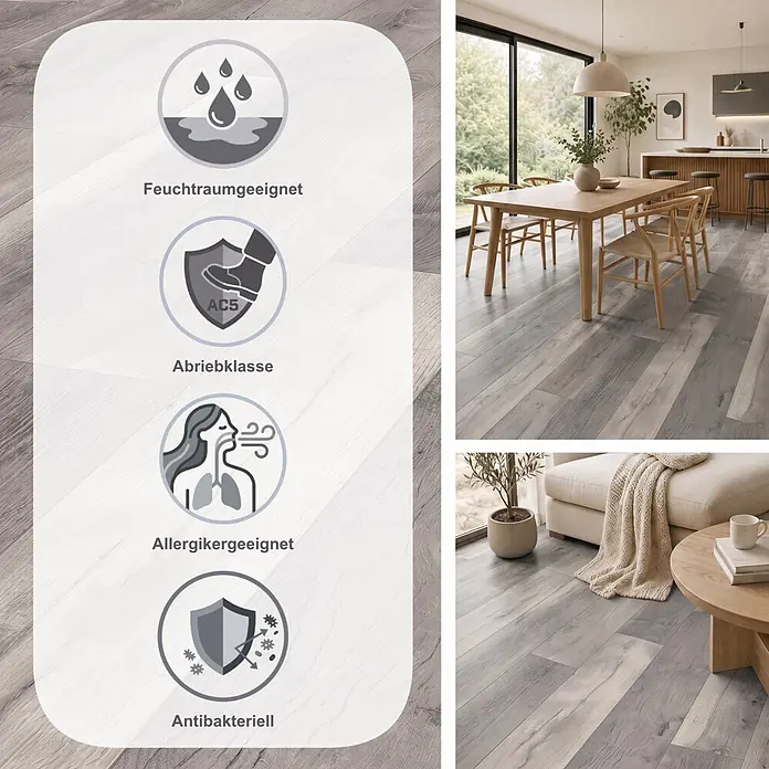 Krono Original Laminat Atlantic 8 - Blackwater Oak, Landhausdiele, 1.288 x 195 x 8 mm - Grauer Laminatboden in Holzoptik mit Eigenschaften: wasserbeständig, Abriebklasse AC5, hypoallergen und antibakteriell. Gezeigt in modernen Wohnräumen.