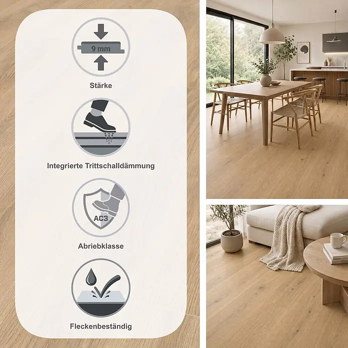 LOGOCLIC Silentos Laminat - Allegra, Landhausdiele, 1.288 x 195 x 9 mm - Heller Holzlaminatboden in einem modernen Ess- und Wohnzimmer, der seine 9 mm Stärke, integrierte Trittschalldämmung, Abriebklasse AC3 und Fleckenbeständigkeit hervorhebt.