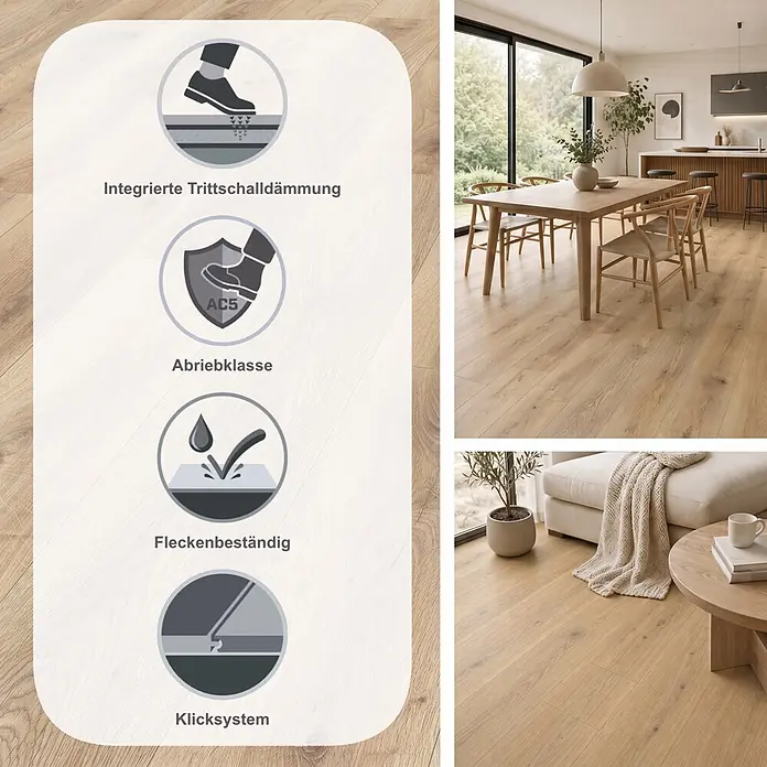 LOGOCLIC Ambienta Laminat - Honig Eiche, Landhausdiele, 1.288 x 195 x 10 mm - Heller Holzboden mit Symbolen für Trittschalldämmung, Abriebklasse AC5, Allergikerfreundlichkeit und Fleckenbeständigkeit, gezeigt in Wohnräumen.