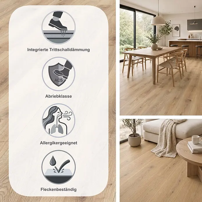 LOGOCLIC Ambienta Laminat - Honig Eiche, Landhausdiele, 1.288 x 195 x 10 mm - Heller Holzboden mit Symbolen für Trittschalldämmung, Abriebklasse AC5, Allergikerfreundlichkeit und Fleckenbeständigkeit, gezeigt in Wohnräumen.