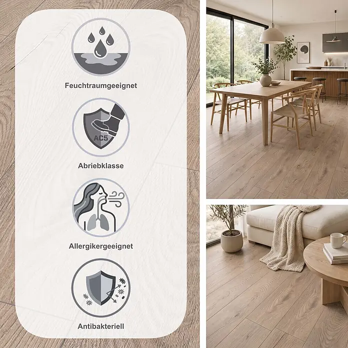 Krono Original Laminat Atlantic 8 - Mushroom Carpenter Oak, Landhausdiele, 1.288 x 195 x 8 mm - Heller Holzoptik-Bodenbelag mit Icons für Feuchtraum, AC5-Abrieb, Allergiker- & antibakterielle Eigenschaften, in modernen Wohnräumen gezeigt.