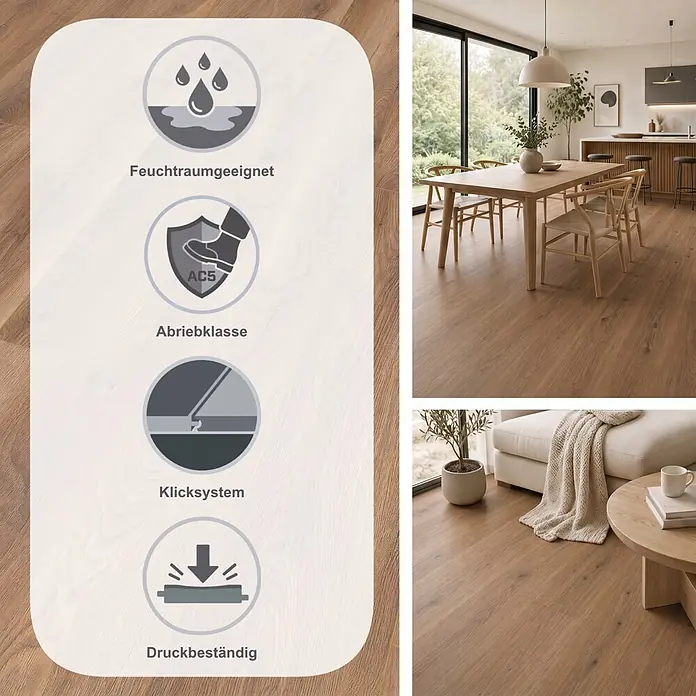 Krono Original Laminat Atlantic 8|33 - Historic Oak, Landhausdiele, 1.288 x 195 x 8 mm - Brauner Holzfußboden: Feuchtraumgeeignet, AC5, Allergikergeeignet, Antibakteriell. Abgebildet in Ess- und Wohnzimmer.