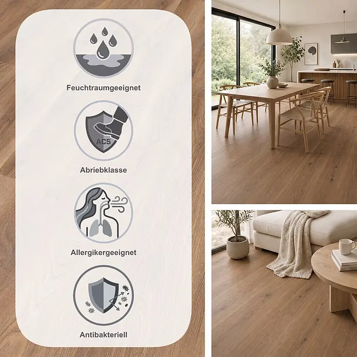 Krono Original Laminat Atlantic 8|33 - Historic Oak, Landhausdiele, 1.288 x 195 x 8 mm - Brauner Holzfußboden: Feuchtraumgeeignet, AC5, Allergikergeeignet, Antibakteriell. Abgebildet in Ess- und Wohnzimmer.