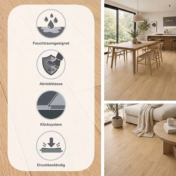 Krono Original Laminat Atlantic 12 - Natural Darcy Oak, Landhausdiele, 1.288 x 195 x 12 mm - Heller Holzboden, feuchtraumgeeignet, hoch strapazierfähig (AC5), allergikerfreundlich und antibakteriell, in Wohnräumen.