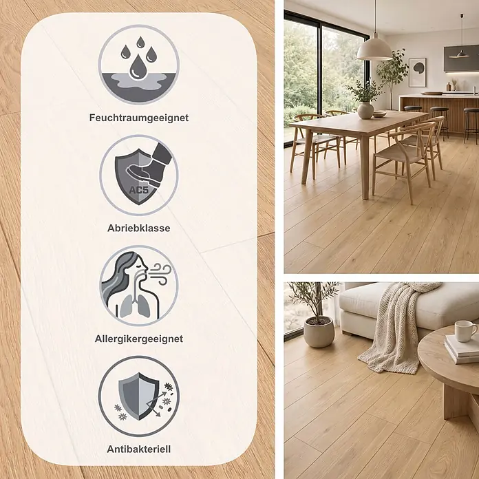 Krono Original Laminat Atlantic 12 - Natural Darcy Oak, Landhausdiele, 1.288 x 195 x 12 mm - Heller Holzboden, feuchtraumgeeignet, hoch strapazierfähig (AC5), allergikerfreundlich und antibakteriell, in Wohnräumen.