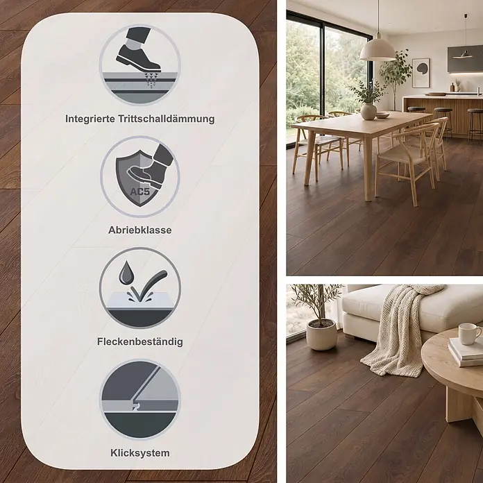 LOGOCLIC Ambienta Laminat - Eiche Oriolo, Landhausdiele, 1.288 x 195 x 10 mm - Dunkelbrauner Laminatboden mit integrierter Trittschalldämmung, Abriebklasse AC5, allergikerfreundlich und fleckenbeständig, gezeigt in einem modernen Zuhause.