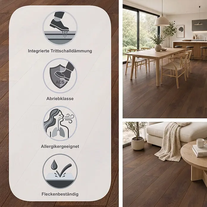 LOGOCLIC Ambienta Laminat - Eiche Oriolo, Landhausdiele, 1.288 x 195 x 10 mm - Dunkelbrauner Laminatboden mit integrierter Trittschalldämmung, Abriebklasse AC5, allergikerfreundlich und fleckenbeständig, gezeigt in einem modernen Zuhause.