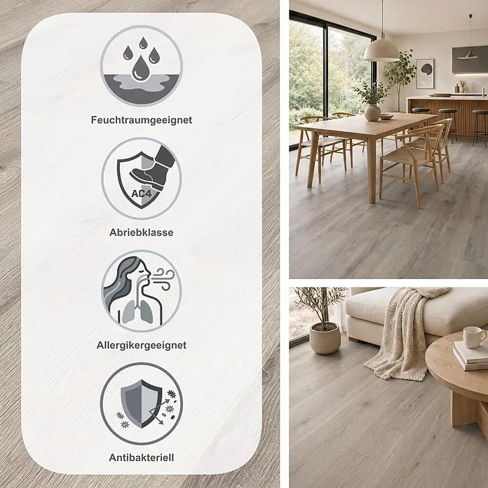 Krono Original Laminat Atlantic 7 - Dove Cantal Oak, Landhausdiele, 1.288 x 245 x 7 mm - Heller, grauer Boden in Holzoptik mit Wasserdichtigkeit, AC4-Abrieb, Allergiker- und Antibakteriell-Eigenschaften, in modernen Wohnräumen gezeigt.