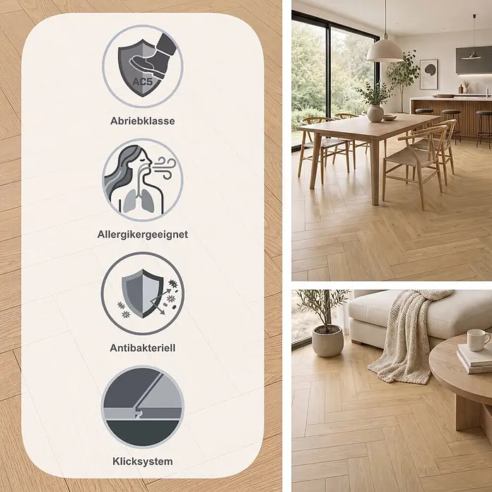 Krono Original Laminat Herringbone 8 - Natural Darcy Oak, Fischgrät, 630 x 126 x 8 mm - Helles Eichenlaminat in Fischgrätmuster in modernem Wohnraum, mit Icons für AC5, allergikerfreundlich, antibakteriell und Klicksystem.