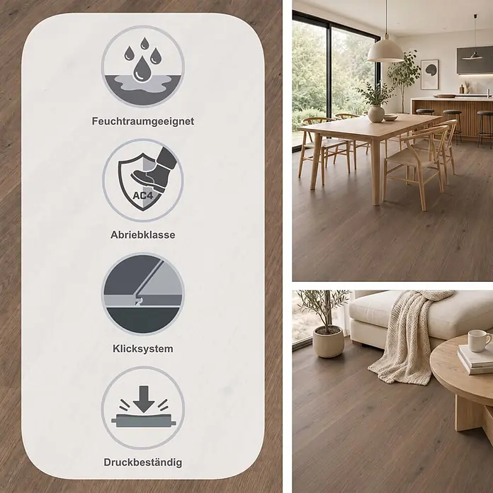 Krono Original Laminat Atlantic 8 - 1.288 x 195 x 8 mm, Dark Montanara Oak, AC4 - Mittelbrauner Bodenbelag in Holzoptik in einem modernen Wohn- und Essbereich, der seine strapazierfähigen, feuchtraumgeeigneten und hygienischen Eigenschaften hervorhebt.