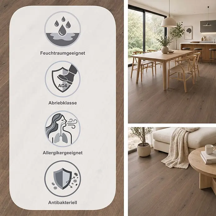 Krono Original Laminat Atlantic 8 - Dark Montanara Oak, Landhausdiele, 1.288 x 195 x 8 mm - Mittelbrauner Bodenbelag in Holzoptik in einem modernen Wohn- und Essbereich, der seine strapazierfähigen, feuchtraumgeeigneten und hygienischen Eigenschaften hervorhebt.