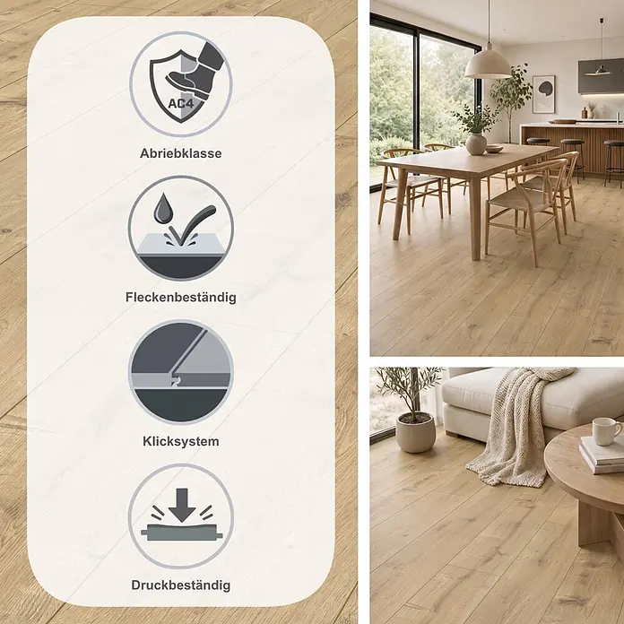 LOGOCLIC Vinto Laminat - Eiche Milford, Landhausdiele, 1.288 x 195 x 8 mm - Helles Eichenlaminat mit Piktogrammen für Abrieb, Allergikerfreundlichkeit, Fleckenresistenz und Klicksystem, gezeigt in Wohnräumen.