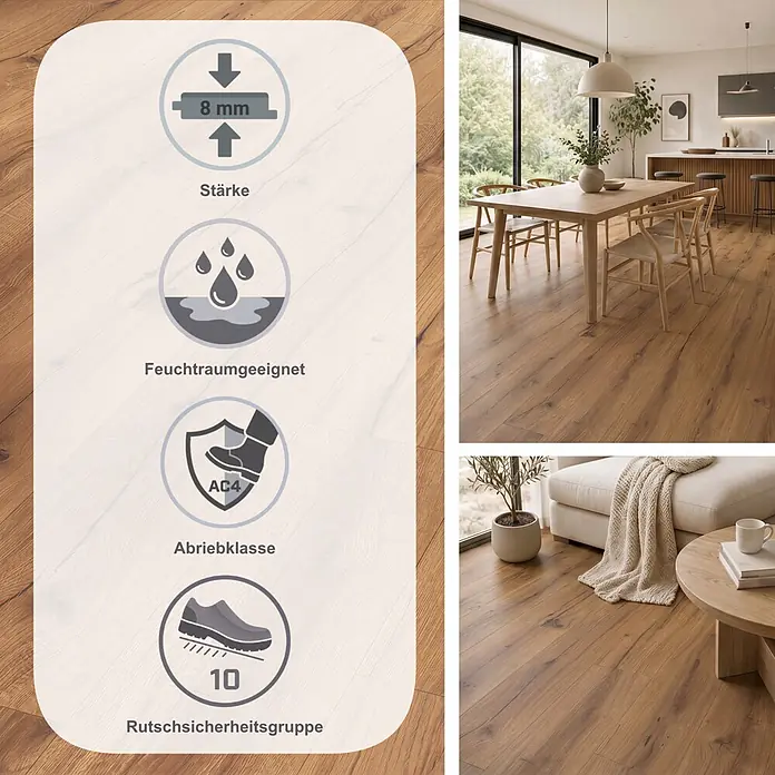Parador Laminat Basic 400 - Eiche History, Landhausdiele, 1.285 x 194 x 8 mm - Holzoptik-Laminatboden in Räumen, mit Symbolen für 8mm Stärke, Feuchtraumeignung, Abriebklasse AC4 und R10 Rutschsicherheit.