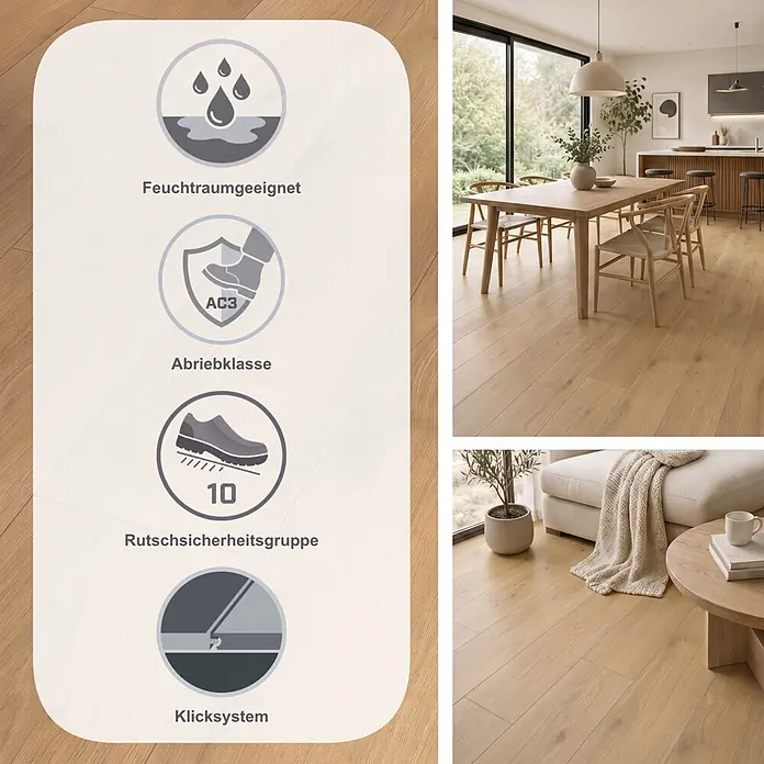 Parador Laminat Basic 200 - Eiche Horizont Natur, Landhausdiele, 1.285 x 194 x 7 mm - Heller Holzfußboden in modernem Zuhause mit Piktogrammen für Feuchtraumeignung, Abriebklasse AC3, Rutschsicherheitsgruppe 10 und Klicksystem.