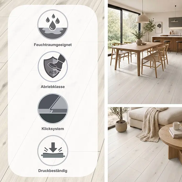 MyStyle MyArt Laminat - Misty Plains Oak, Landhausdiele, 1.285 x 192 x 12 mm - Heller Holzfußboden mit Symbolen für Feuchtraumeignung, hohe Abriebfestigkeit und gesundheitliche Vorteile.