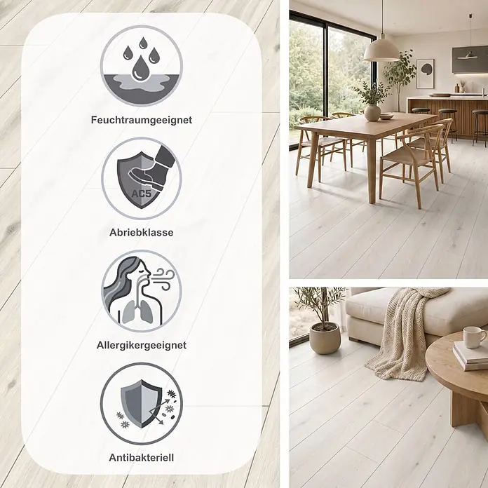 MyStyle MyArt Laminat - Misty Plains Oak, Landhausdiele, 1.285 x 192 x 12 mm - Heller Holzfußboden mit Symbolen für Feuchtraumeignung, hohe Abriebfestigkeit und gesundheitliche Vorteile.