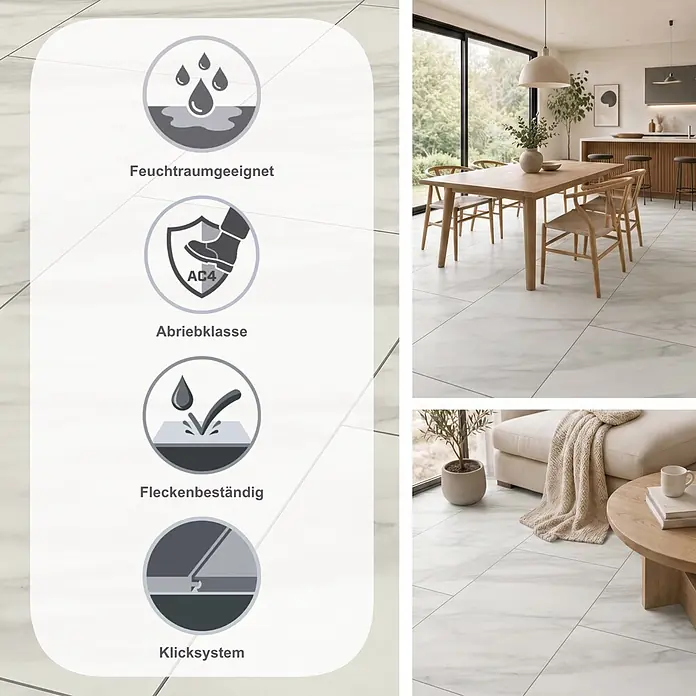 LOGOCLIC Ceramico Laminat - Amelia, 638 x 330 x 8 mm - Weiße Marmoroptik-Fliesen (AC4, feuchtraum-, allergikergeeignet, fleckenbeständig). In modernem Ess-/Wohnzimmer.