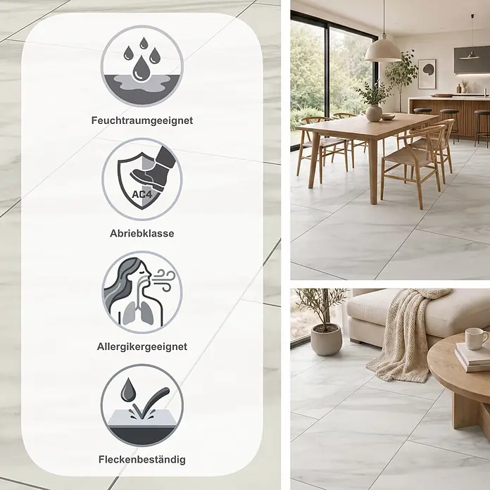 LOGOCLIC Ceramico Laminat - Amelia, 638 x 330 x 8 mm - Weiße Marmoroptik-Fliesen (AC4, feuchtraum-, allergikergeeignet, fleckenbeständig). In modernem Ess-/Wohnzimmer.