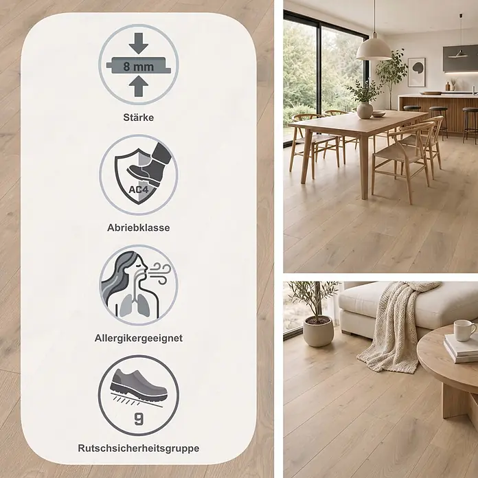 Egger Laminat NatureSense Promo - Florenz Eiche, Landhausdiele, 1.292 x 193 x 8 mm - Helles Holzoptik-Laminat: 8mm Stärke, Abriebklasse AC4, Allergikergeeignet, Rutschsicherheitsgruppe 9, in modernen Wohnräumen.