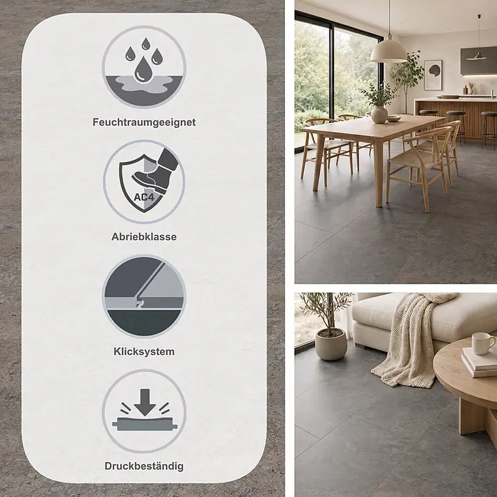 Krono Original Laminat Atlantic 8 - Grey Albus, 638 x 330 x 8 mm - Dunkelgrau-braune, texturierte Bodenfliesen, feuchtraumgeeignet, Abriebklasse AC4, allergikergeeignet und antibakteriell, in modernem Zuhause.