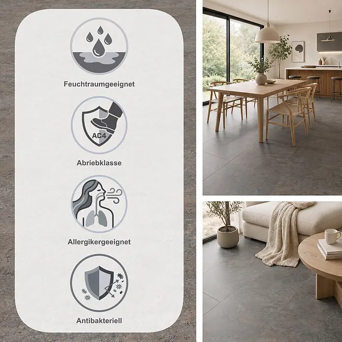 Krono Original Laminat Atlantic 8 - Grey Albus, 638 x 330 x 8 mm - Dunkelgrau-braune, texturierte Bodenfliesen, feuchtraumgeeignet, Abriebklasse AC4, allergikergeeignet und antibakteriell, in modernem Zuhause.