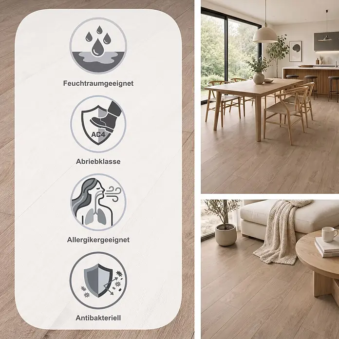 Krono Original Laminat Atlantic 8 Aged Montanara Oak - Aged Montanara Oak, Landhausdiele, 1.288 x 195 x 8 mm - Heller Laminatboden in einem modernen Zuhause, mit Icons für Feuchtraumeignung, Abriebklasse AC4, Allergiker- und antibakterielle Eigenschaften.