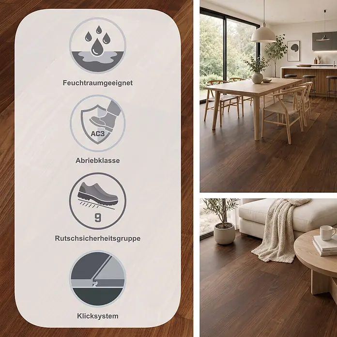 Parador Laminat Basic 200 - Walnuss, Landhausdiele, 1.285 x 194 x 7 mm - Dunkelbrauner Boden in Holzoptik im modernen Zuhause, mit Infos zu Feuchtraumeignung, Abriebklasse AC3, Rutschsicherheit und Klicksystem.