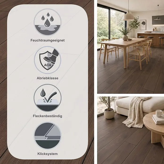LOGOCLIC Vinto Laminat Classic - Eiche Cocoa, Landhausdiele, 1.288 x 195 x 8 mm - Dunkelbrauner Laminatboden in Holzoptik für moderne Wohnräume. Merkmale: Feuchtraumgeeignet, Abriebklasse AC4, fleckenbeständig, Klicksystem.