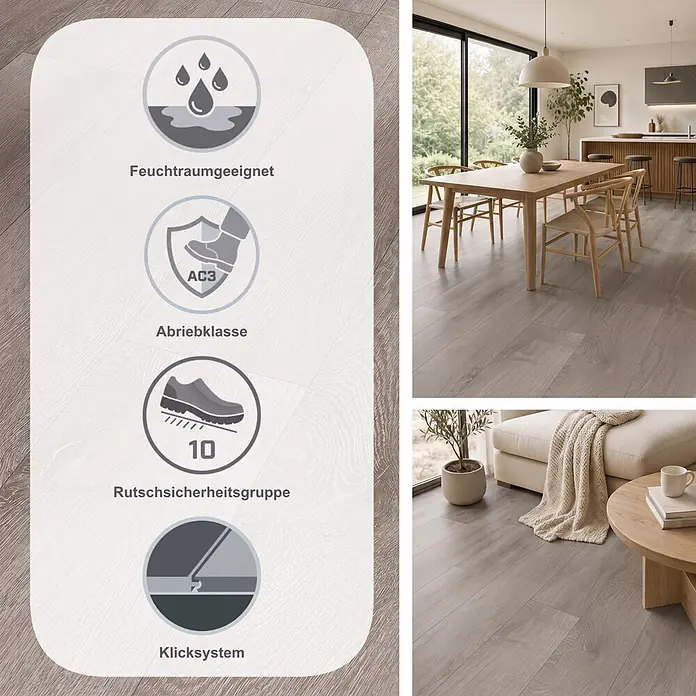Parador Laminat Basic 200 - Eiche lichtgrau, Landhausdiele, 1.285 x 194 x 7 mm - Heller grauer Laminatboden in Holzoptik für moderne Räume, feuchtraumgeeignet, Abriebklasse AC3, Rutschsicherheitsgruppe 10 und Klicksystem.