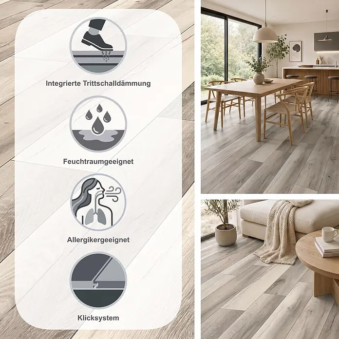 Krono Original Laminat Organic Flex - Lunar Range Oak, Landhausdiele, 1.288 x 189 x 7 mm - Hellgrauer Bodenbelag in Holzoptik mit Funktionssymbolen in modernem Zuhause.