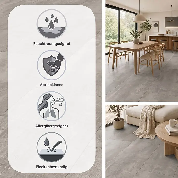 LOGOCLIC Aquaprotect Laminat - Grace, 638 x 330 x 8 mm - Hellgrauer Bodenbelag mit Icons für Feuchtraumeignung, Abriebklasse AC5, Allergikerfreundlichkeit und Fleckenbeständigkeit, in modernen Wohnräumen präsentiert.