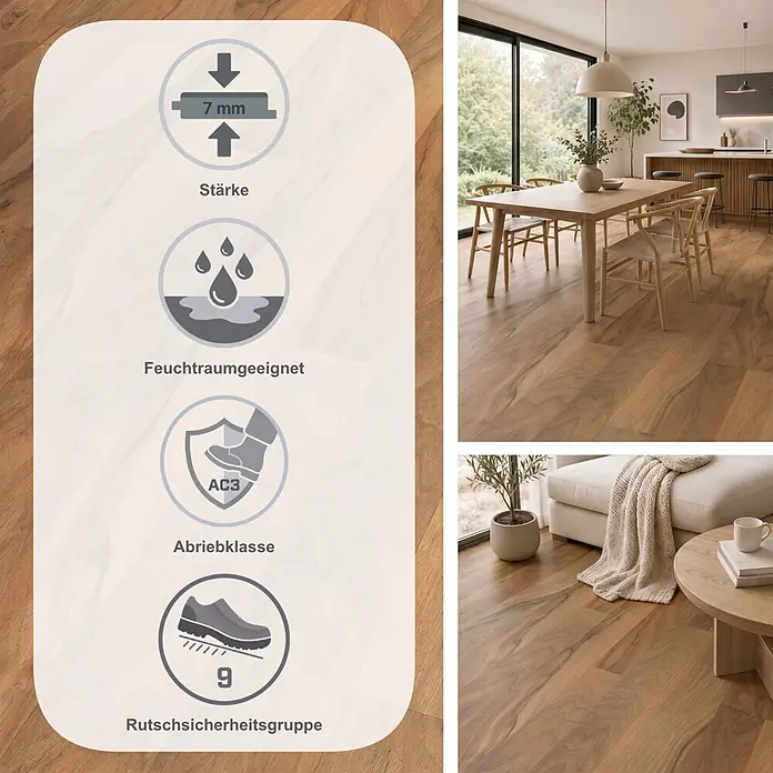 Parador Laminat Basic 200 - Nussbaum, Schiffsboden, 1.285 x 194 x 7 mm - Holzbodenoptik in modernen Wohnräumen, mit Overlay zu 7mm Stärke, Feuchtraumgeeignetheit, AC3 Abrieb und Rutschsicherheit.