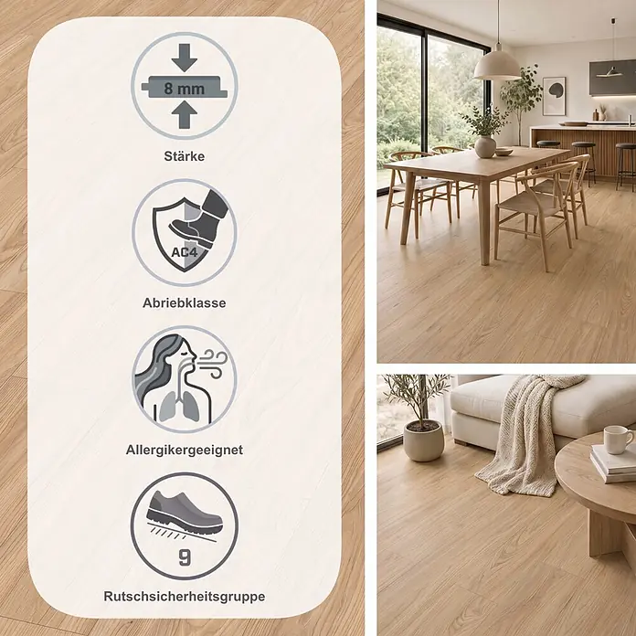 Egger Laminat NatureSense Promo - Sheffield Akazie natur, Landhausdiele, 1.292 x 193 x 8 mm - Holzoptik-Bodenbelag (8mm Stärke, AC4 Abriebklasse, allergikerfreundlich, R9 Rutschsicherheit) in modernem Zuhause.