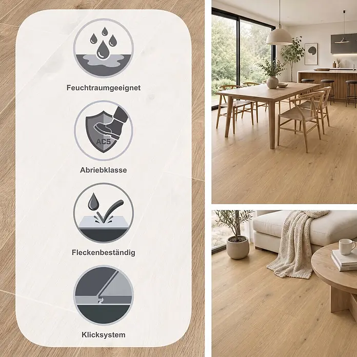 LOGOCLIC Aquaprotect Smart Laminat - Eiche Eurus, Landhausdiele, 1.288 x 195 x 6 mm - Helles Holzboden in einem modernen Zuhause mit Piktogrammen für Feuchtigkeits-, Abrieb-, Allergiker- und Fleckenbeständigkeit.