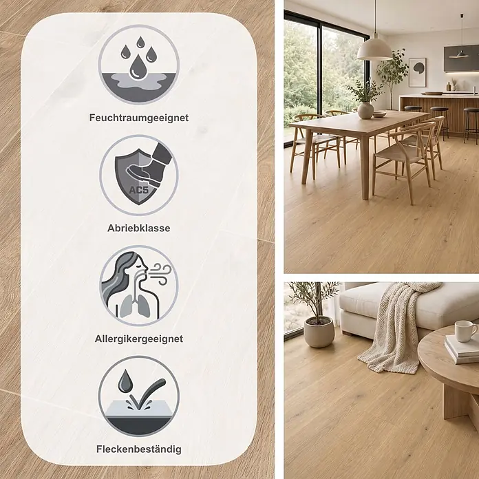 LOGOCLIC Aquaprotect Smart Laminat - Eiche Eurus, Landhausdiele, 1.288 x 195 x 6 mm - Helles Holzboden in einem modernen Zuhause mit Piktogrammen für Feuchtigkeits-, Abrieb-, Allergiker- und Fleckenbeständigkeit.