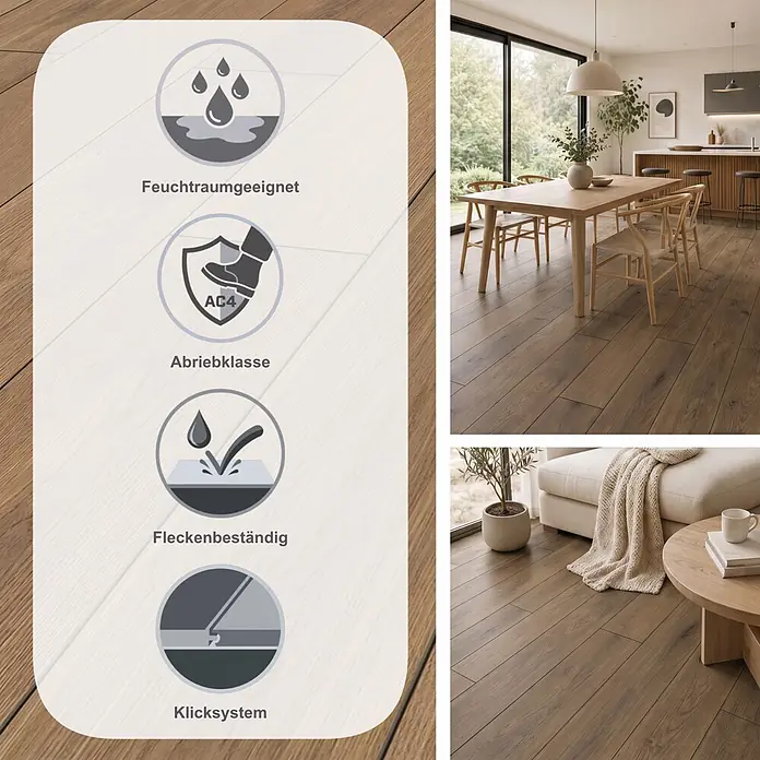 LOGOCLIC Vinto Laminat Classic - Eiche Greenvale, Landhausdiele, 1.288 x 195 x 8 mm - Brauner Laminatboden in Eichenoptik in einem modernen Zuhause. Merkmale: feuchtraumgeeignet, Abriebklasse AC4, fleckenbeständig, Klick-Installation.