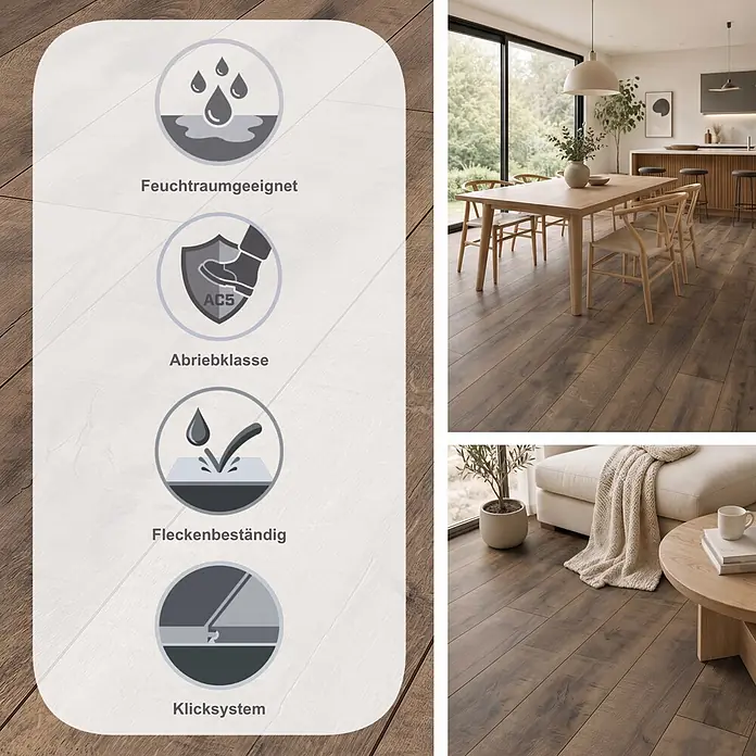LOGOCLIC Aquaprotect Smart Laminat - Tyri Oak, Landhausdiele, 1.288 x 195 x 6 mm - Dunkelbrauner Laminatboden in Holzoptik in modernem Zuhause, mit Symbolen für Wasserbeständigkeit, AC5 Abrieb, Allergikerfreundlichkeit und Fleckenbeständigkeit.