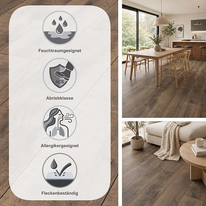 LOGOCLIC Aquaprotect Smart Laminat - Tyri Oak, Landhausdiele, 1.288 x 195 x 6 mm - Dunkelbrauner Laminatboden in Holzoptik in modernem Zuhause, mit Symbolen für Wasserbeständigkeit, AC5 Abrieb, Allergikerfreundlichkeit und Fleckenbeständigkeit.