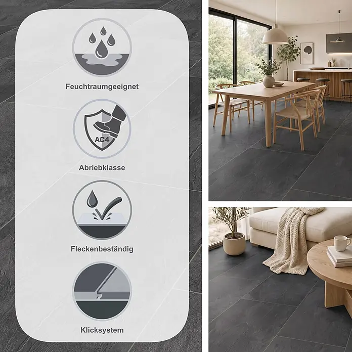 LOGOCLIC Ceramico Laminat - Pearl Grey, 638 x 330 x 8 mm - Dunkelgraue, strukturierte Bodenfliesen in einem modernen Zuhause, mit Symbolen für Wasserdichtigkeit, Haltbarkeit, Allergikerfreundlichkeit und Fleckenbeständigkeit.