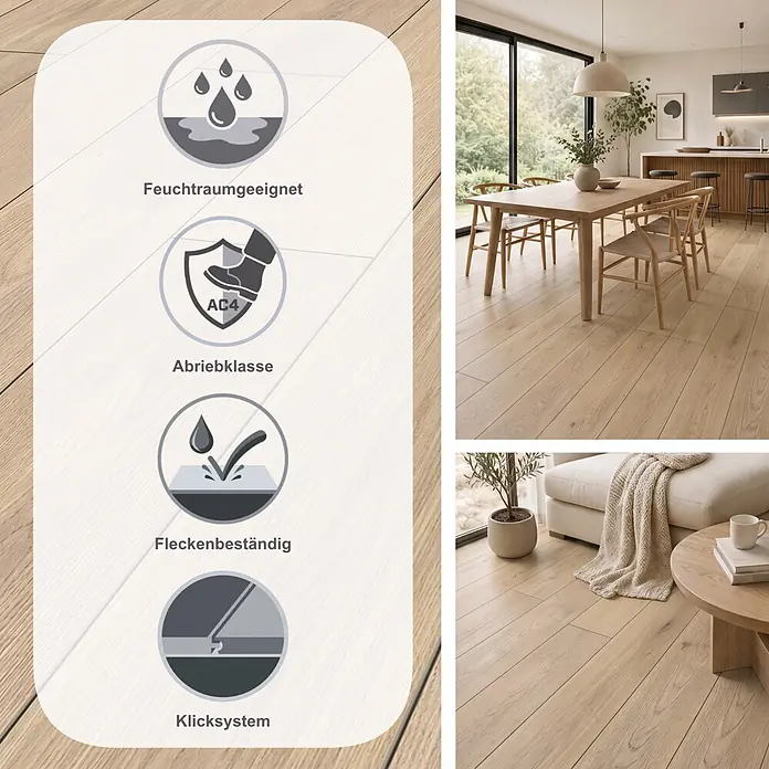 LOGOCLIC Vinto Laminat Classic - Eiche Cornsilk, Landhausdiele, 1.288 x 195 x 8 mm - Helle Holzoptik-Bodenbelag, feuchtraumgeeignet, Abriebklasse AC4, fleckenbeständig mit Klicksystem. Präsentiert in modernen Wohnräumen.