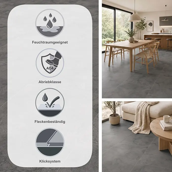 LOGOCLIC Ceramico Laminat - Dark Slate, 638 x 330 x 8 mm - Dunkelgraue Bodenfliesen in einem modernen Ess- und Wohnzimmer. Der Boden ist feuchtraumgeeignet, abriebfest (AC4), allergikerfreundlich und schmutzabweisend.