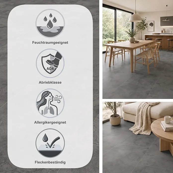 LOGOCLIC Ceramico Laminat - Dark Slate, 638 x 330 x 8 mm - Dunkelgraue Bodenfliesen in einem modernen Ess- und Wohnzimmer. Der Boden ist feuchtraumgeeignet, abriebfest (AC4), allergikerfreundlich und schmutzabweisend.