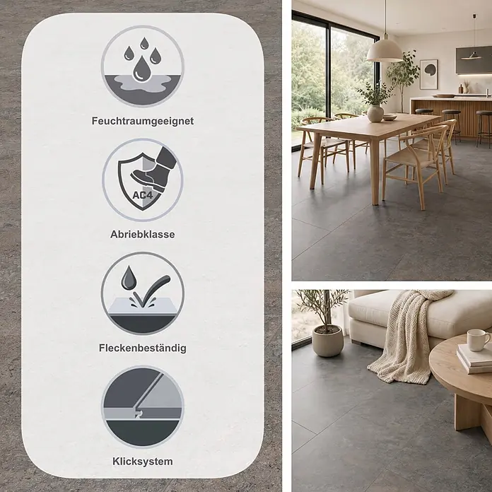 LOGOCLIC Ceramico Laminat - Albus, 638 x 330 x 8 mm - Dunkelgraue Bodenfliesen mit AC4 Abriebklasse, feuchtraum-, allergikergeeignet und fleckenbeständig, in modernen Wohnräumen verlegt.